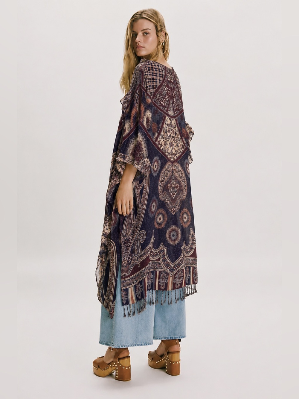 Paisley Fringe Open-Front Cardigan - Brown & Navy